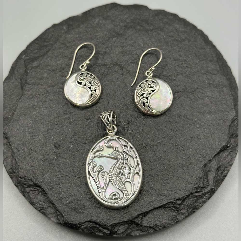 Silver and White Necklace and Earring Set